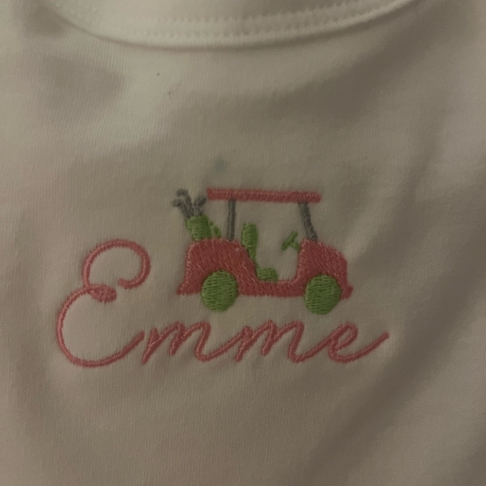 “Emme” Personalized Onesie with Pink & Green Golf Cart Embroidery